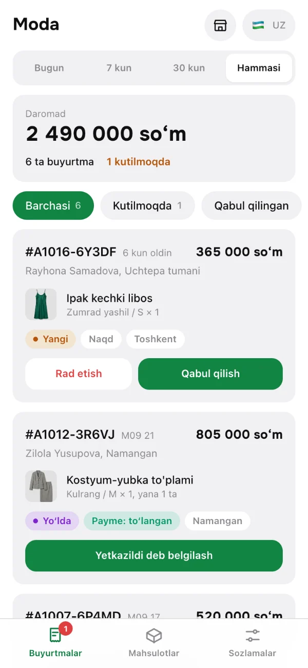 Панель продавца: выручка и заказы, у каждого свой следующий шаг